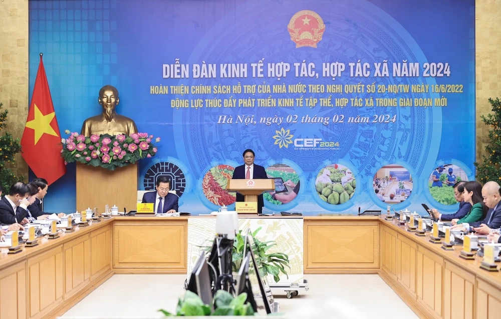 Thủ tướng Phạm Minh Chính chủ trì và phát biểu tại Diễn đàn Kinh tế hợp tác, hợp tác xã năm 2024. Ảnh: VIẾT CHUNG