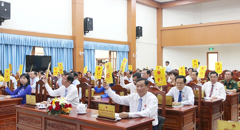 Các đại biểu HĐND tỉnh An Giang biểu quyết thông qua các nghị quyết kỳ họp