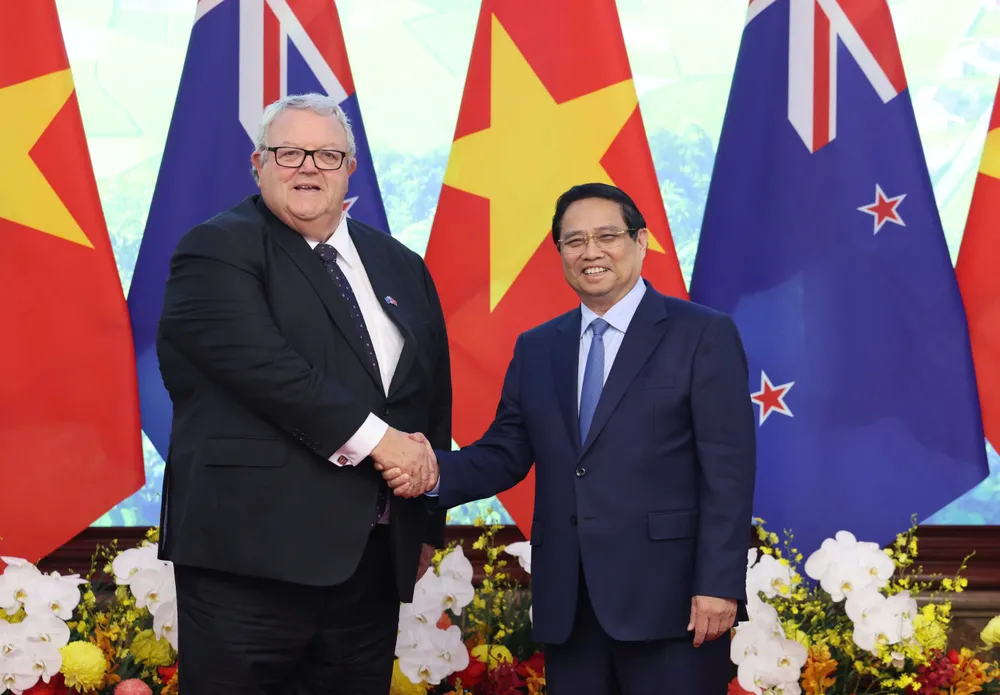 Thủ tướng Phạm Minh Chính tiếp Chủ tịch Quốc hội New Zealand Gerry Brownlee, chiều 28-8. Ảnh: QUANG PHÚC 1.jpg