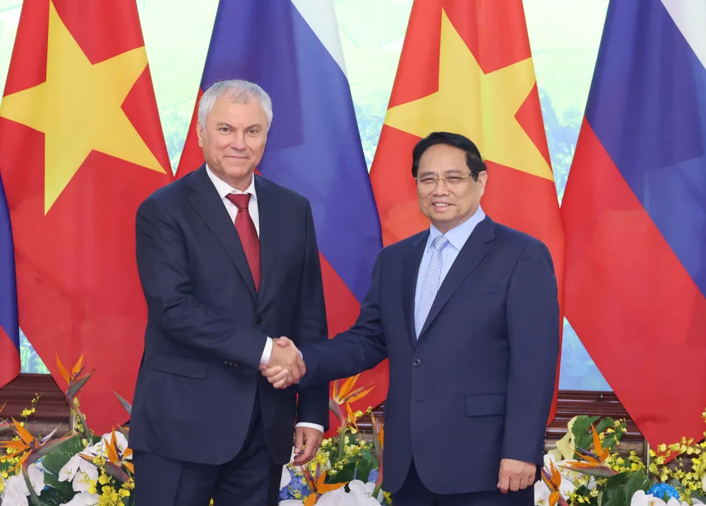 Thủ tướng Phạm Minh Chính và Chủ tịch Duma Quốc gia Quốc hội Liên bang Nga Vyacheslav Volodin. Ảnh: QUANG PHÚC 4.jpg