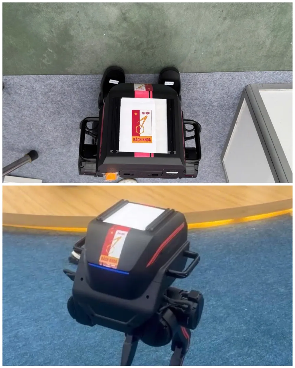 Hình ảnh mẫu robot hai chân do Đại học Bách khoa Hà Nội trưng bày, được cho là đã che hoàn toàn logo và nhãn mác của nhà sản xuất nước ngoài