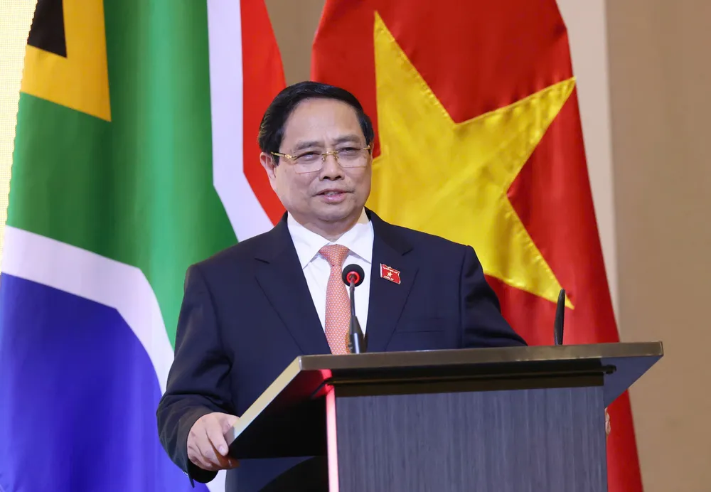 Thủ tướng Phạm Minh Chính phát biểu tại Diễn đàn doanh nghiệp Việt Nam - Nam Phi, chiều 24-10. Ảnh QUANG PHÚC 2.jpg