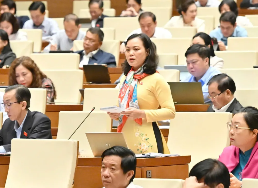 Đại biểu Huỳnh Thị Phúc, Phó Trưởng đoàn chuyên trách Đoàn ĐB Quốc hội TPHCM, đề cập cơ chế kiểm soát chéo của cơ quan điều tra, viện kiểm sát và tòa án. Ảnh: VIẾT CHUNG 1.jpg