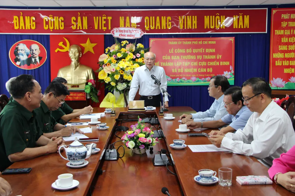 Đồng chí Phan Nguyễn Như Khuê phát biểu tại lễ công bố thành lập Tạp chí Cựu chiến binh TPHCM. Ảnh: TRẦN YÊN