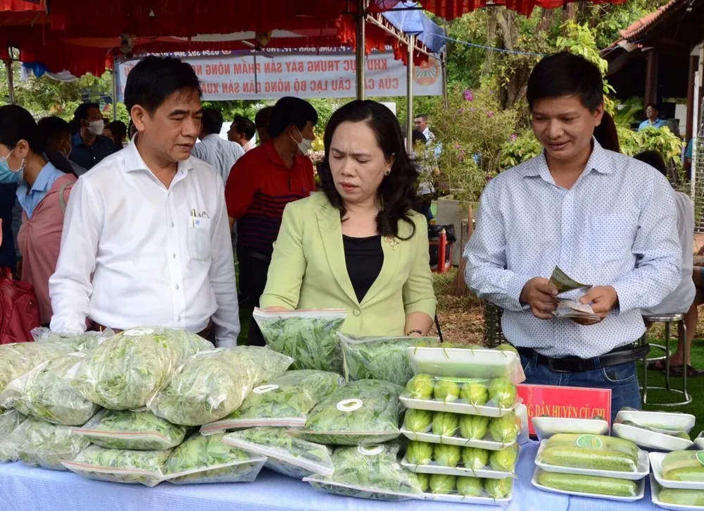 Các đại biểu tham dự buổi họp mặt tham quan sản phẩm rau, củ, quả của hội viên huyện Củ Chi