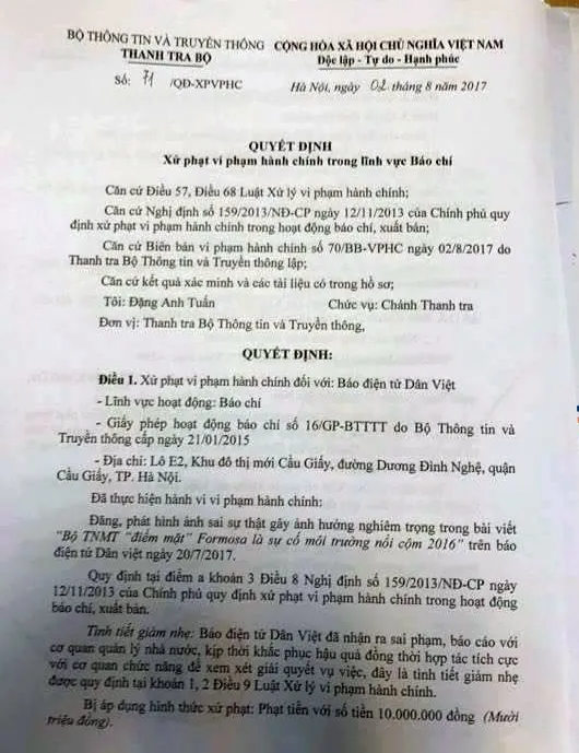 Báo điện tử Dân Việt bị xử phạt vì đưa sai thông tin liên quan đến Formosa ảnh 1