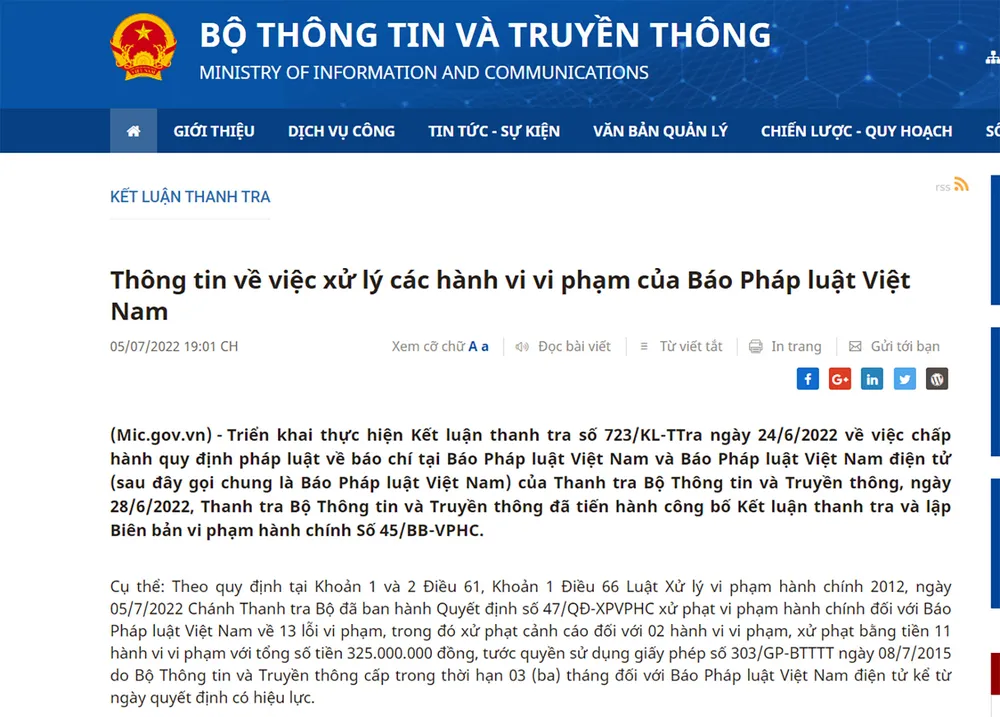 Báo Pháp luật Việt Nam bị phạt 325 triệu đồng và đình bản ấn phẩm điện tử 3 tháng ảnh 1