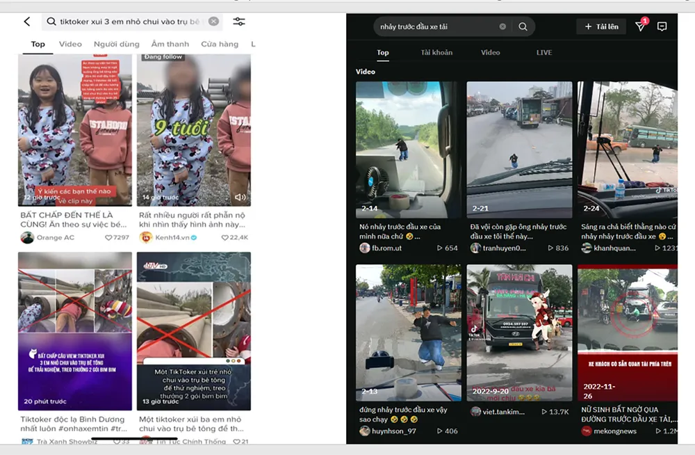 Nội dung độc hại, nguy hiểm với trẻ em trên TikTok ở Việt Nam. Nguồn ABEI