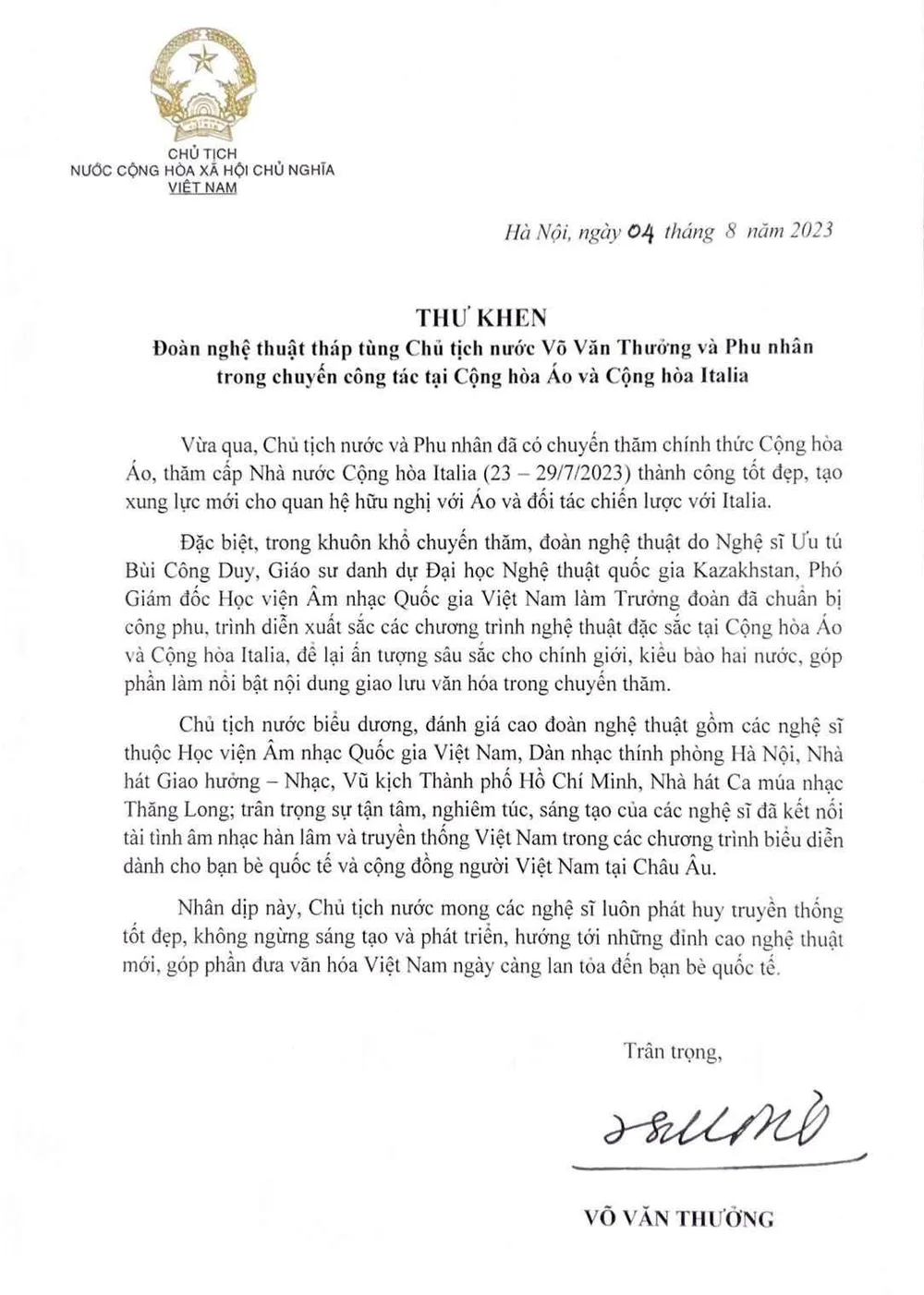 Thư khen của Chủ tịch nước Võ Văn Thưởng Thư khen của Chủ tịch nước Võ Văn Thưởng