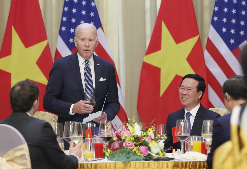Tổng thống Joe Biden phát biểu tại tiệc chiêu đãi. Ảnh: QUANG PHÚC Tổng thống Joe Biden phát biểu tại tiệc chiêu đãi. Ảnh: QUANG PHÚC