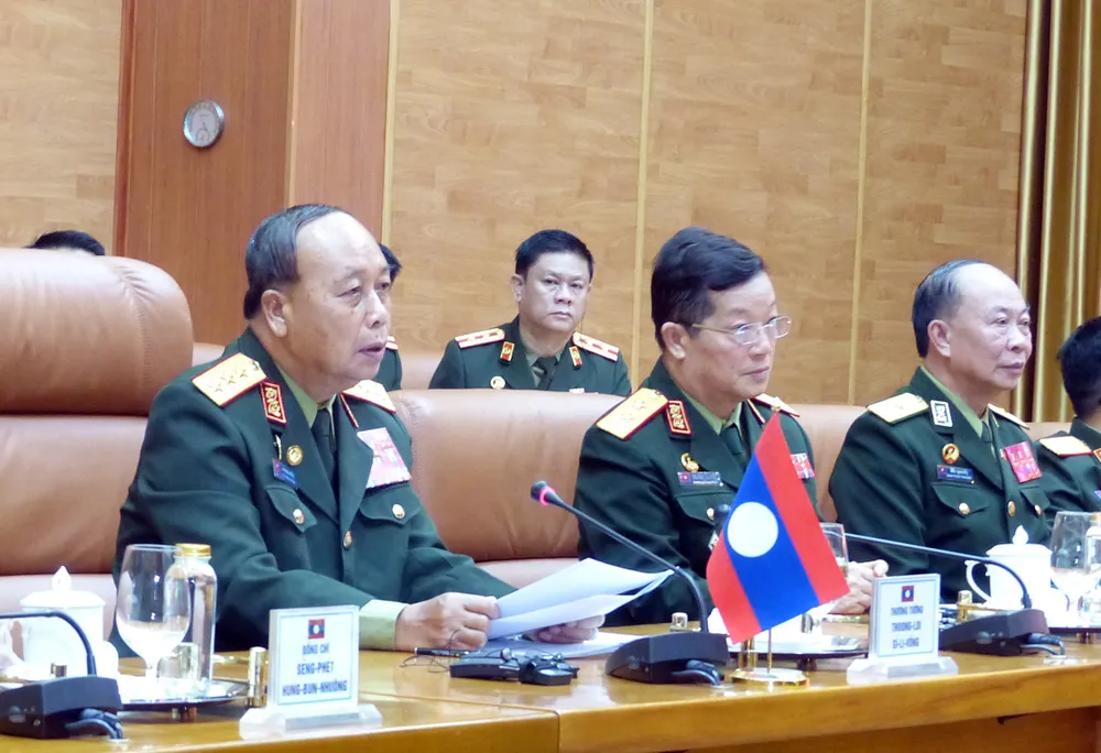 Thượng tướng Thongloi Silivong phát biểu tại hội đàm. Ảnh: T.B Thượng tướng Thongloi Silivong phát biểu tại hội đàm. Ảnh: T.B