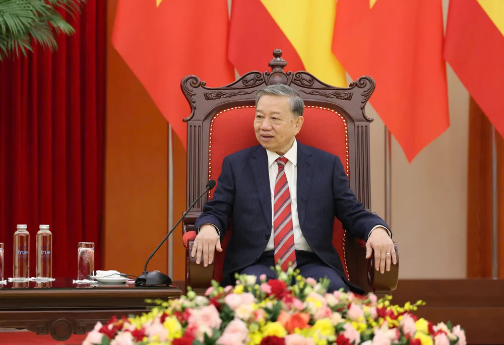 Tổng Bí thư Tô Lâm phát biểu tại cuộc tiếp. Ảnh: QUANG PHÚC TBT tiep Thu tuong TBN 6.jpg
