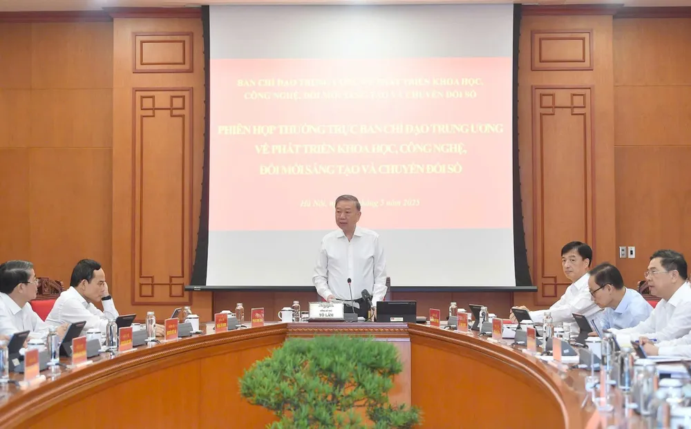 Tổng Bí thư Tô Lâm phát biểu chỉ đạo tại phiên họp. Ảnh: VIẾT CHUNG Hop Ban Chi dao phat trien KHCN 6.jpg