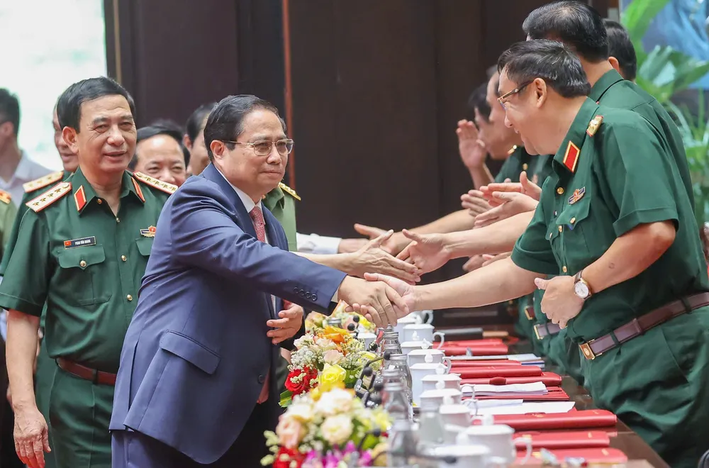 Thủ tướng Phạm Minh Chính dự Hội nghị Quân chính toàn quân 6 tháng đầu năm 2025, chiều 2-7, tại trụ sở Bộ Quốc phòng. Ảnh: VIẾT CHUNG Anh HN Quan chinh BQP 1.jpg