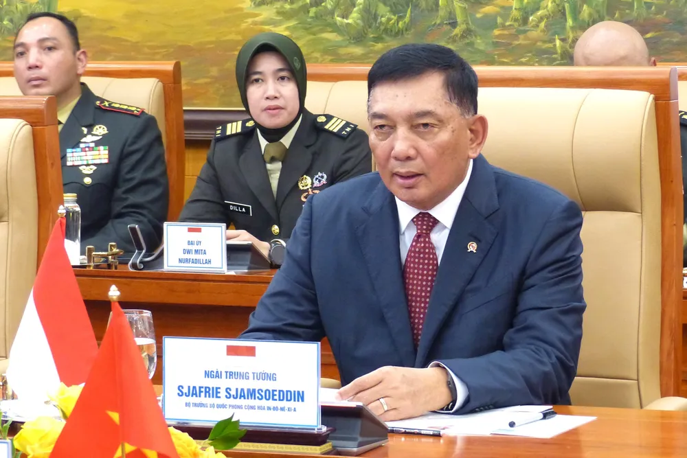 Bộ trưởng Sjafrie Sjamsoeddin phát biểu tại hội đàm. Ảnh: TRẦN BÌNH Bo truong QP Indonesia tham VN 9.JPG