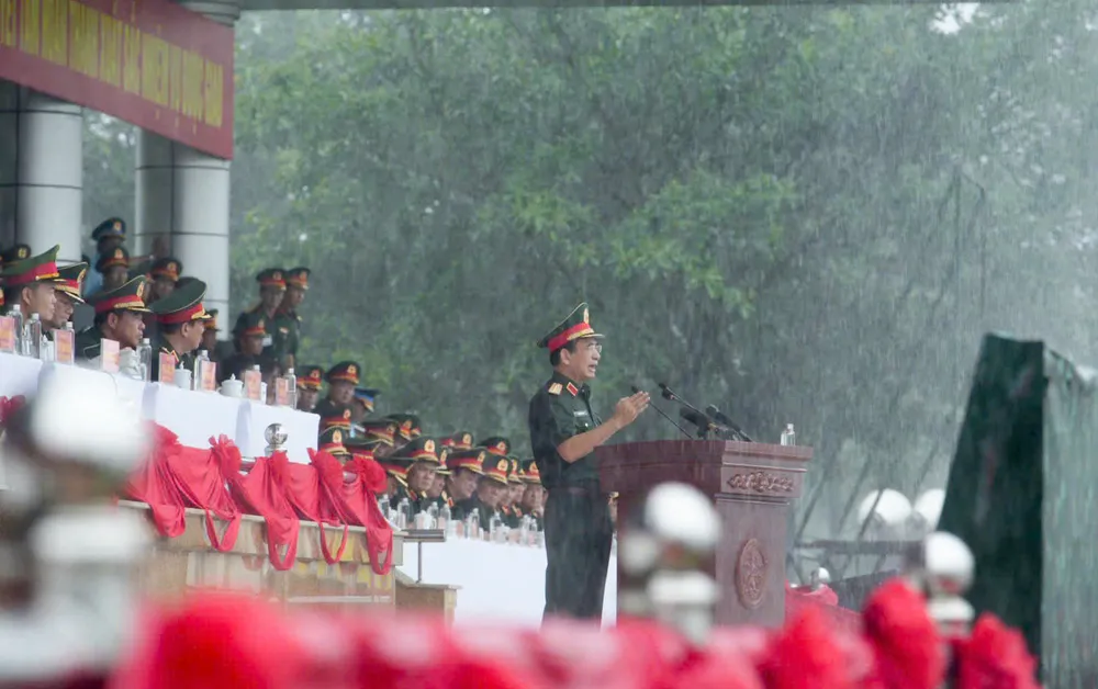 Đại tướng Phan Văn Giang phát biểu chỉ đạo tại cuộc tổng hợp luyện. Ảnh: ĐỖ TRUNG Anh BT Phan Van Giang tang qua 7.jpg