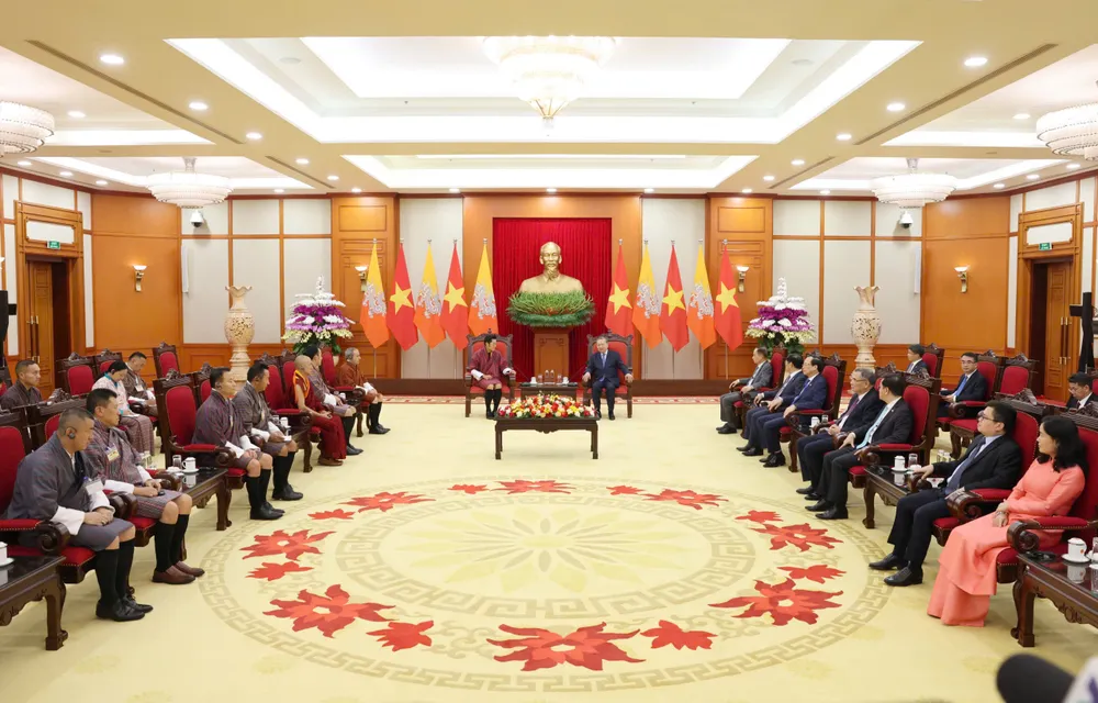 Quang cảnh cuộc tiếp. Ảnh: QUANG PHÚC TBT tiep Quoc vuong Bhutan 3.jpg