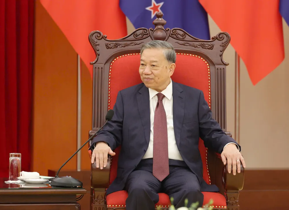 Tổng Bí thư Tô Lâm trao đổi tại cuộc tiếp. Ảnh: QUANG PHÚC A TBT tiep New Zealand 6.jpg