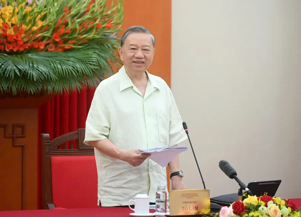 Tổng Bí thư Tô Lâm phát biểu tại phiên họp. Ảnh: VIẾT CHUNG Anh TBT lam viec Ban Chi dao phat trien KHCN 1.jpg