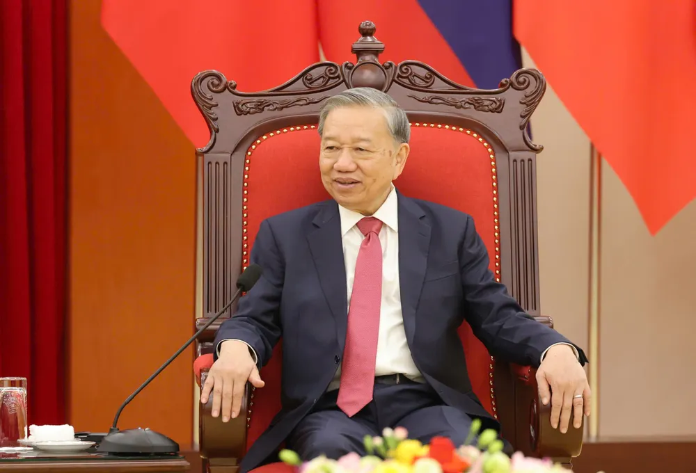 Tổng Bí thư Tô Lâm phát biểu tại cuộc tiếp. Ảnh: QUANG PHÚC Doan TBT-CTN Lao 5.jpg