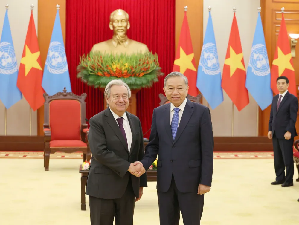 Tổng Bí thư Tô Lâm và Tổng Thư ký Liên hợp quốc António Guterres. Ảnh: QUANG PHÚC TBT To Lam tiep Tong Thu ky LHQ 2.jpg