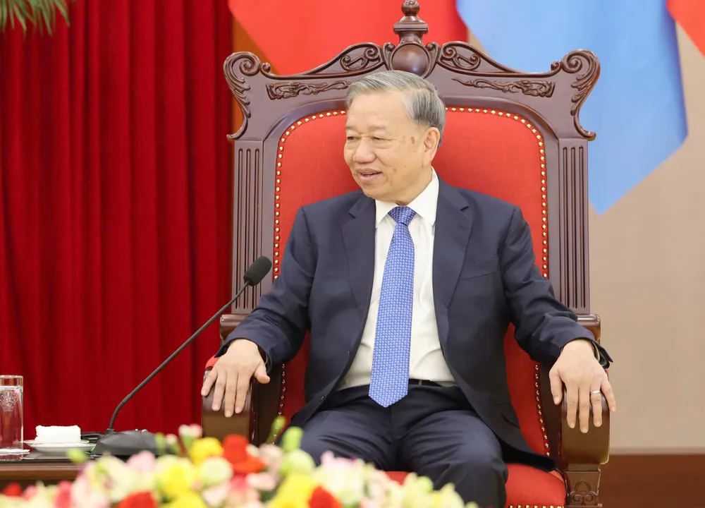 Tổng Bí thư Tô Lâm phát biểu tại cuộc tiếp. Ảnh: QUANG PHÚC TBT To Lam tiep Tong Thu ky LHQ 5.jpg