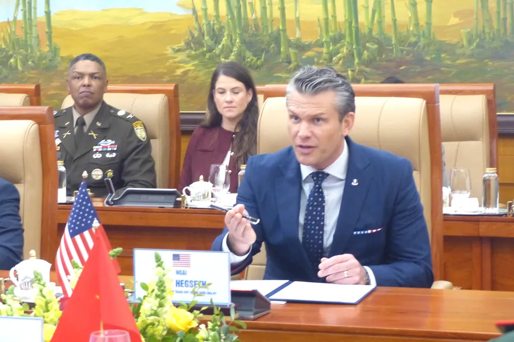 Bộ trưởng Pete Hegseth phát biểu tại hội đàm. Ảnh: TRẦN BÌNH Anh Bo truong QP Hoa Ky 11.JPG