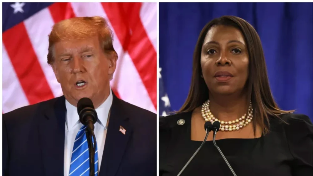 Cựu Tổng thống Donald Trump phát biểu tại Mar-a-Lago hôm 5-3 ở Palm Beach, Florida và Tổng chưởng lý New York Letitia James - người chuẩn bị tịch thu tài sản của ông Trump để trả khoản tiền phạt 464 triệu USD. Ảnh: GETTY IMAGES