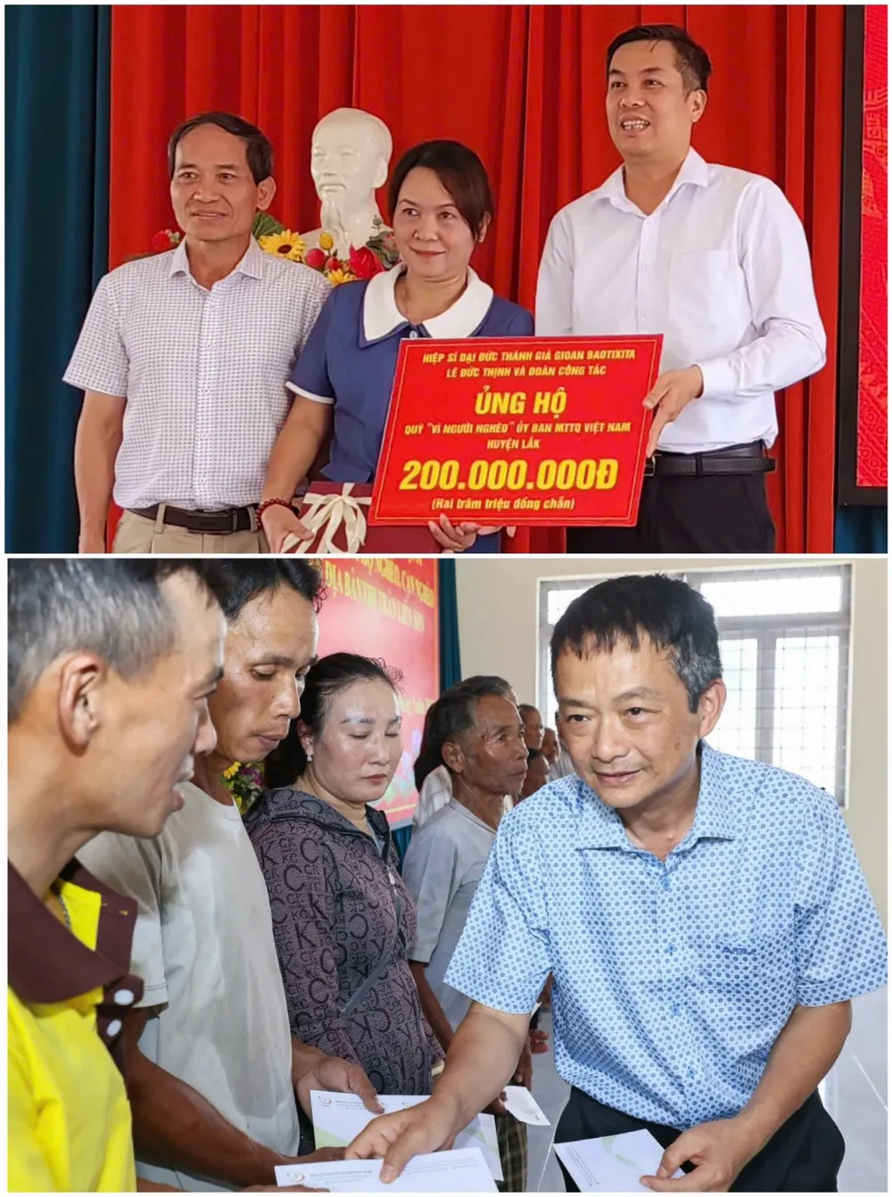 Ông Nguyễn Văn Cường đại diện đoàn công tác ủng hộ quỹ Vì người nghèo 200 triệu đồng; ông Đặng Văn Thanh trao quà tặng người nghèo tại thị trấn Liên Sơn. Ảnh: An Luých anh-2-cuong-thanh20250514082047 (1).jpg