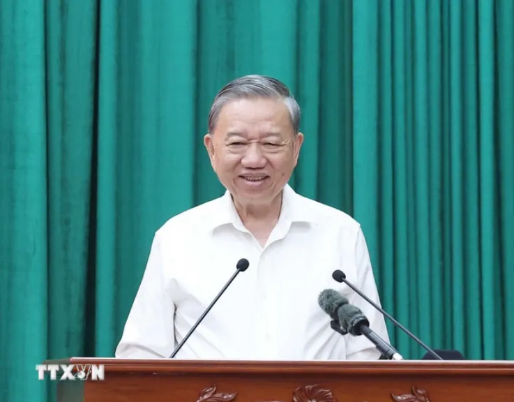 Tổng Bí thư Tô Lâm phát biểu tại buổi làm việc với Ban Thường vụ Tỉnh ủy Kon Tum và Thường trực Tỉnh ủy Quảng Ngãi. (Ảnh: Thống Nhất/TTXVN) Screenshot 2025-06-02 185117.png