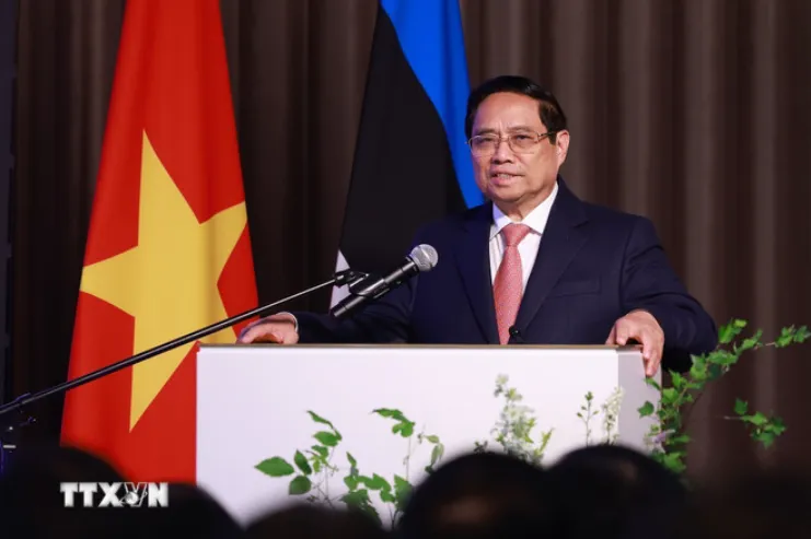 Thủ tướng Phạm Minh Chính phát biểu tại Diễn đàn doanh nghiệp Việt Nam - Estonia. (Ảnh: Dương Giang/TTXVN) Screenshot 2025-06-06 194928.png