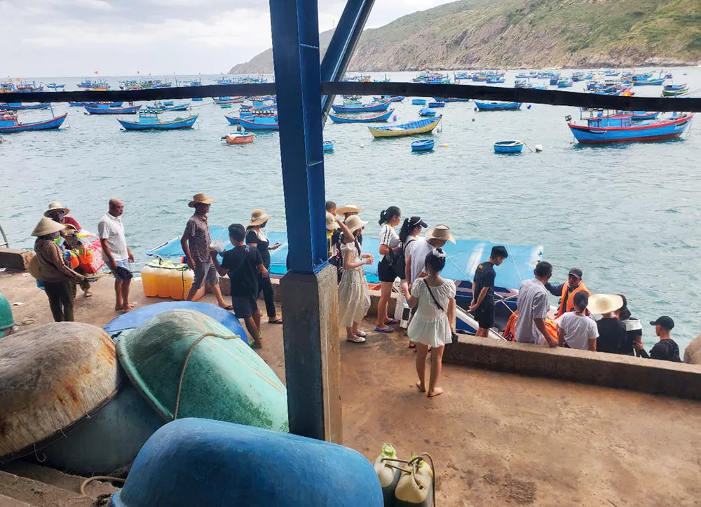 Các ca nô đưa đón khách du lịch tuyến Nhơn Lý - Kỳ Co (tỉnh Gia Lai) sử dụng bến cóc, bến cá để đưa đón khách du lịch. Ảnh: NGỌC OAI Z5A.jpg
