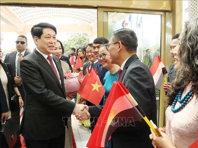 Kiều bào đón Chủ tịch nước Lương Cường và Phu nhân tại Thủ đô Cairo, Ai Cập. Ảnh: Lâm Khánh/TTXVN tham-3824b.jpg