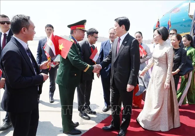 Đại biểu đón Chủ tịch nước Lương Cường và Phu nhân tại sân bay quốc tế Cairo, Ai Cập. Ảnh: Lâm Khánh/TTXVN tham-3824c.jpg
