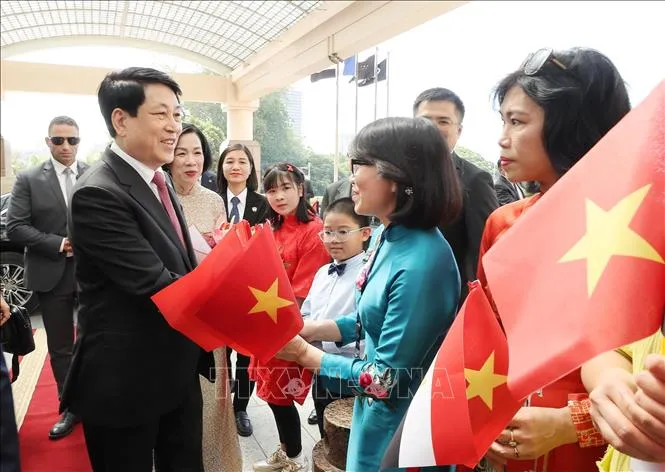 Kiều bào đón Chủ tịch nước Lương Cường và Phu nhân tại Thủ đô Cairo, Ai Cập. Ảnh: Lâm Khánh/TTXVN tham-3824d.jpg
