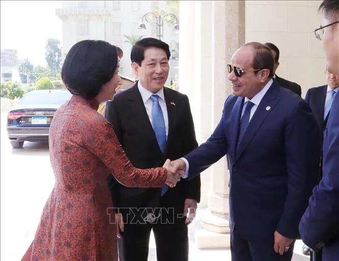 Tổng thống Abdel Fattah El-Sisi đón Chủ tịch nước Lương Cường và Phu nhân. Ảnh: Lâm Khánh/TTXVN ai-cap-5825-10.jpg