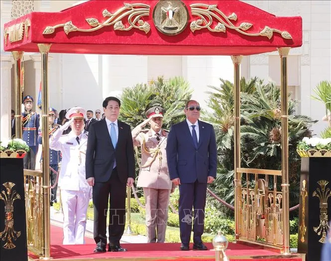 Tổng thống Ai Cập Abdel Fattah El-Sisi và Chủ tịch nước Lương Cường trên bục danh dự nghe quân nhạc cử quốc thiều hai nước. Ảnh: Lâm Khánh/TTXVN ctn-050825.jpg