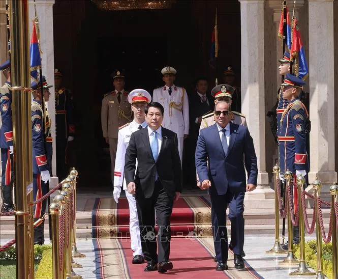 Tổng thống Abdel Fattah El-Sisi đón Chủ tịch nước Lương Cường. Ảnh: Lâm Khánh/TTXVN ctn2-050825.jpg