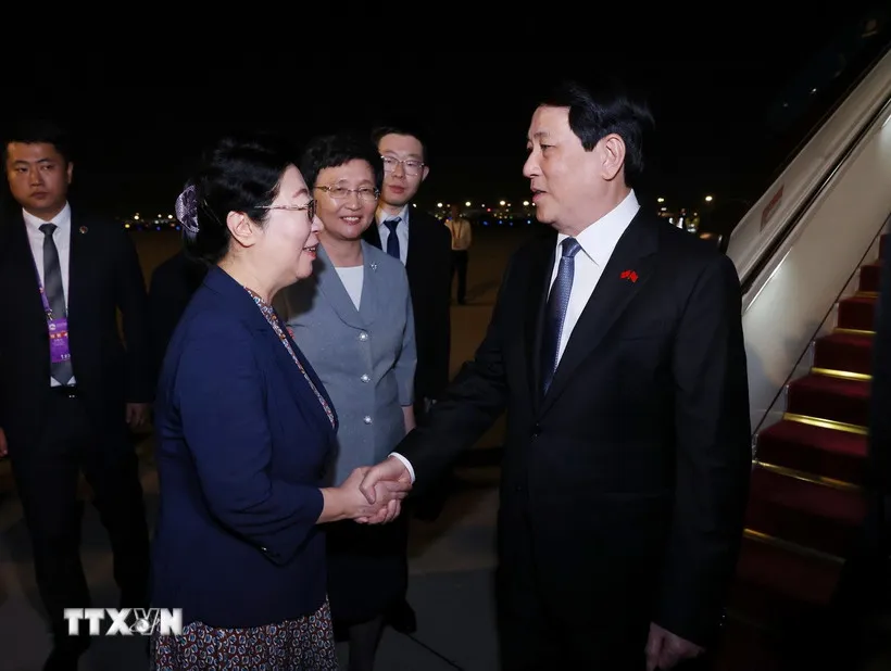 Ủy viên Ủy ban Thường vụ Nhân đại toàn quốc Trung Quốc khóa 14 Diêm Ngạo Sương đón Chủ tịch nước Lương Cường tại sân bay Bắc Kinh. (Ảnh: Lâm Khánh/TTXVN) 0309-chu-tich-nuoc.jpg