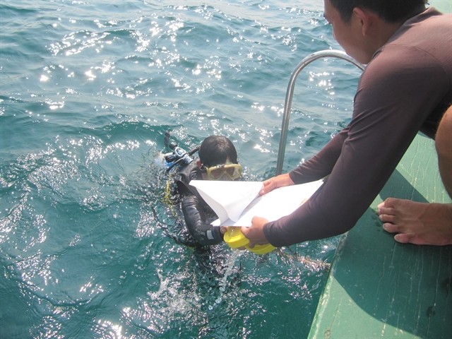 A diver from the Cham Island Maritime Protected Area completes a check on coral reefs in waters off the islands. — VNS Photo