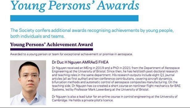 Young scientist becomes first VNese awarded by UK Royal Aeronautical Society ảnh 1 Young scientist becomes first VNese awarded by UK Royal Aeronautical Society ảnh 1