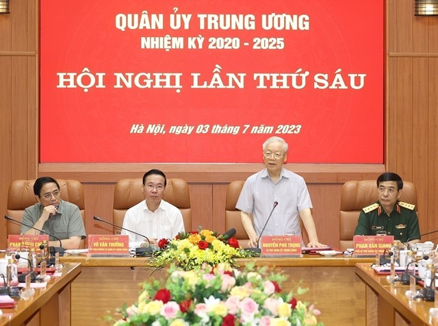 Party chief Trong chairs the meeting on Monday in Hanoi. VNA/VNS Photo