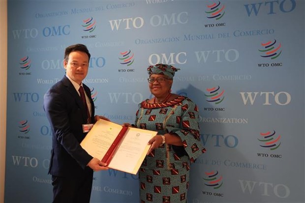 Ambassador Mai Phan Dung (L) presents the Vietnamese State President’s credentials to WTO Director-General Ngozi Okonjo-Iweala. (Photo: VNA) wto-5285.jpg