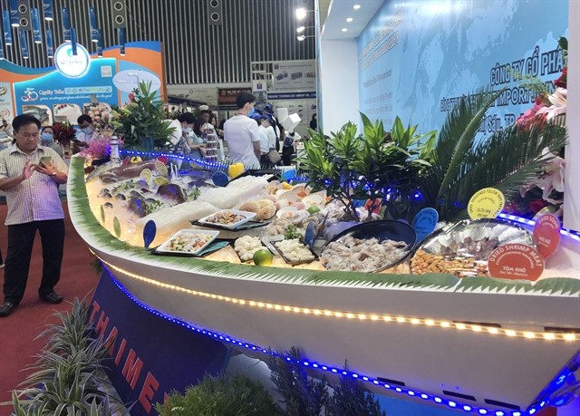 Seafood products on display at an international fisheries fair in HCMC. Vietnam’s seafood exports rose by 8 percent in Q1 to nearly US$2 billion. — VNS Photo seafood.jpg