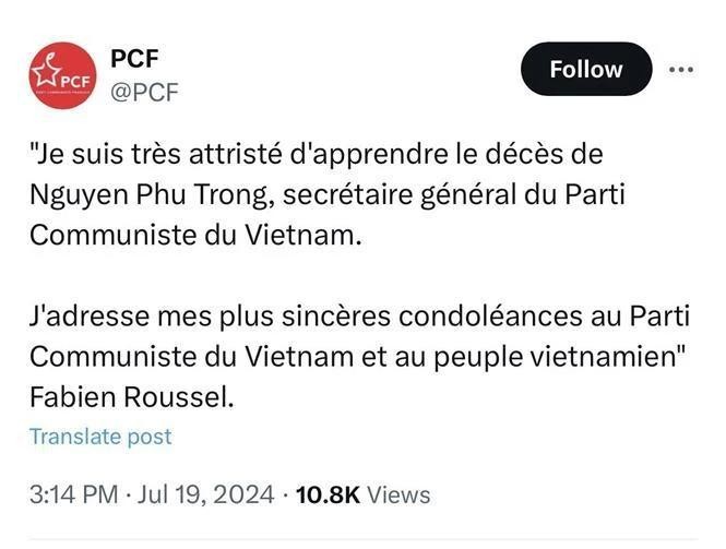 Head of the French Communist Party Fabian Roussel expresses his sympathy over the passing of Party General Secretary Nguyen Phu Trong. (Photo: VNA) cac nuoc.webp
