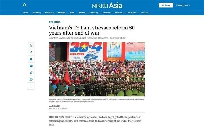 The article about Vietnam's 50th anniversary of the liberation of the South and national reunification (April 30, 1975 - 2025) held in Ho Chi Minh City. (Photo: screenshot) vna-potal-nikkei-asia-nhat-ban-dua-tin-ve-niem-tu-hao-cua-nguoi-dan-viet-nam-trong-le-ky-niem-50-nam-thong-nhat-dat-nuoc-8007052.jpg