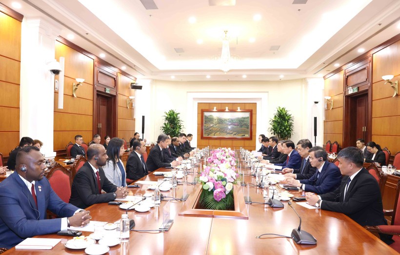 At the talks between Politburo member, Secretary of the Central Committee of the Communist Party of Vietnam (CPV) and Chairman of its Commission for Internal Affairs Phan Dinh Trac and Chan Chun Sing, Assistant Secretary-General of the People’s Action Party (PAP) of Singapore in Hanoi on July 21. (Photo: VNA) talks.jpg