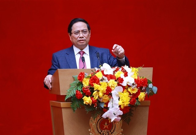 Prime Minister Pham Minh Chinh addresses at the conference 'Ensuring security and public order in support of socio-economic development in the Mekong Delta' on Monday morning in Hanoi.—VNA/VNS Photo