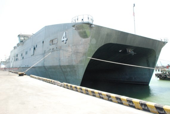 USNS Fall River (T-EPF-4) of the United States Military Sealift Command docks at Tien Sa port