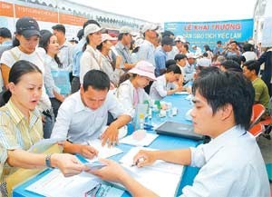 Job seekers register for interview at the fair